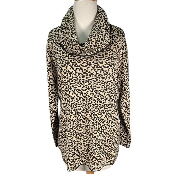 Calvin Klein Cowl Neck Tunic Sweater Medium Black Camel Cheetah Leopard Print - Picture 1 of 10